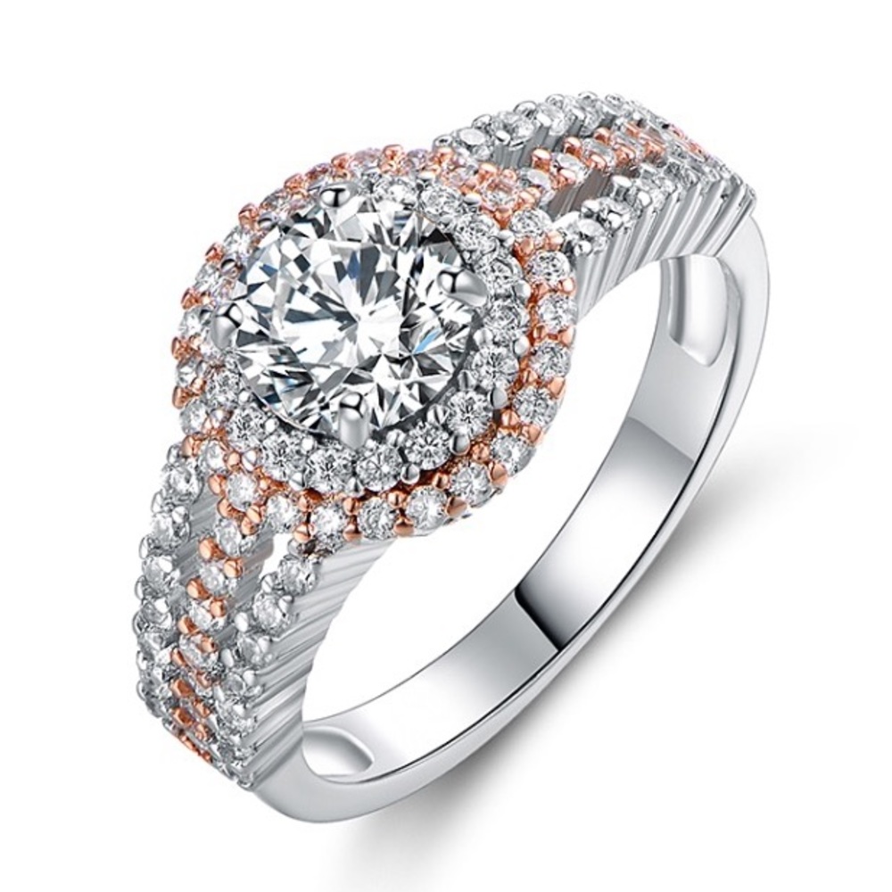 Two Tone Rose Gold Silver Double Halo Round Split Shank Pavé Engagement Ring 7 - Picture 1 of 17